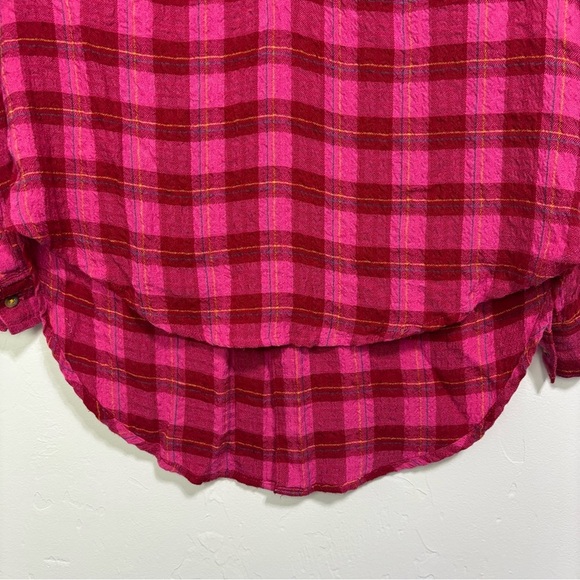 Anthropologie XS Women's Plaid Pink Red Flannel Gauze Shirt Button High Low - Picture 3 of 12